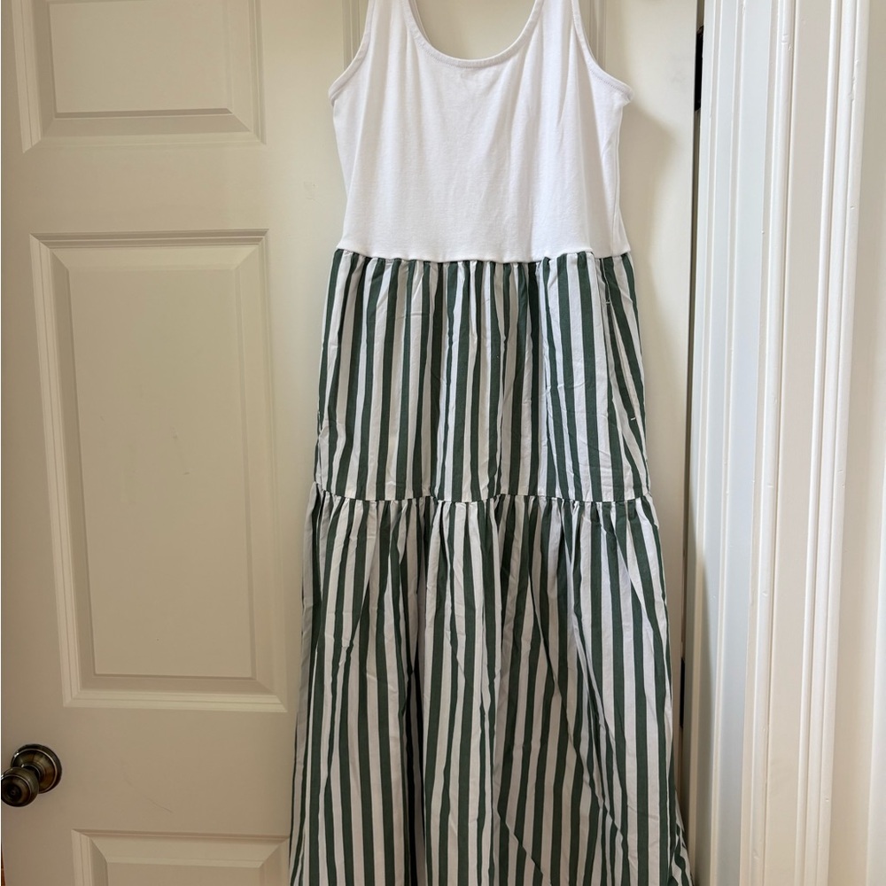 J Crew White Tank Top Maxi Dress with Green and White Striped Skirt